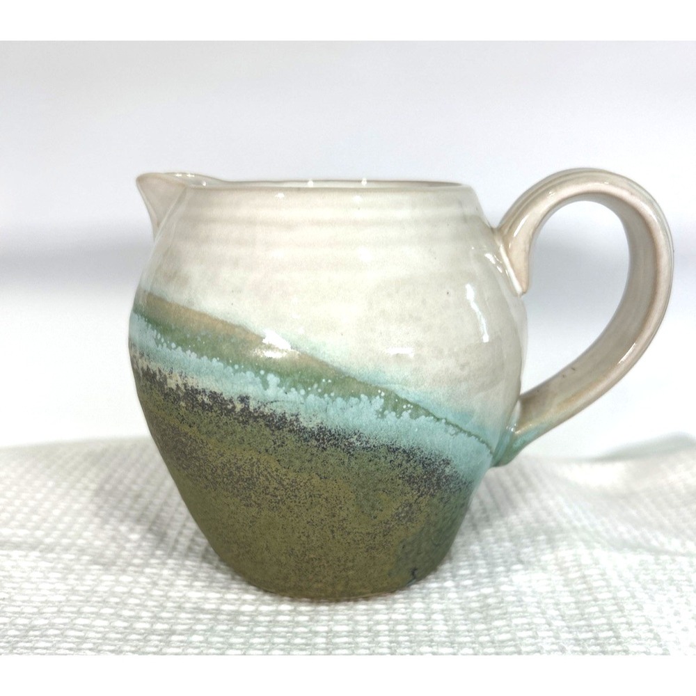 Oh Gussie PAW PAW‎ Pottery Pitcher Jug 21 oz Sage Green Teal Cream 4.5"